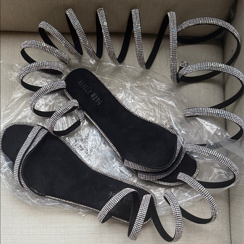 Elegant Black and Silver Rhinestone Strappy Sandals - Picture 4 of 6